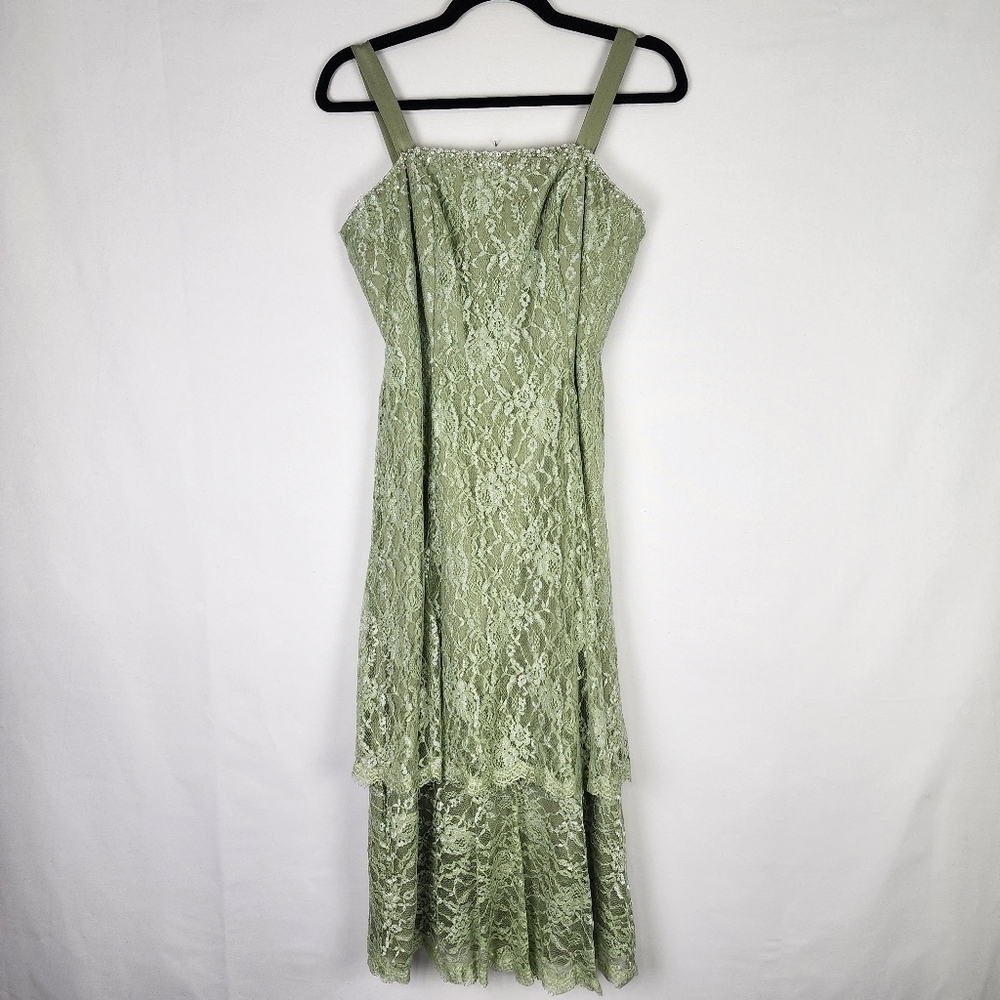Jade Couture Satin and Lace Tiered Midi Dress‎ T6